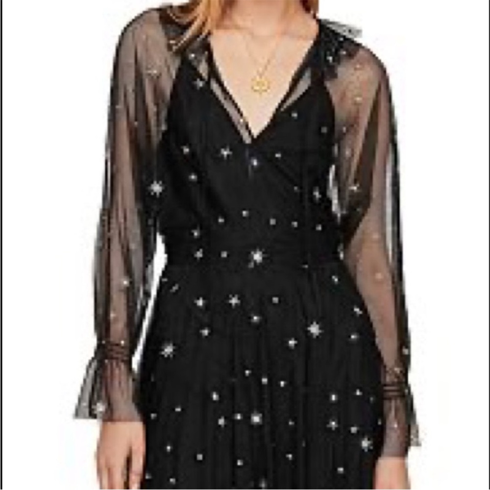 Maje Restar Embroidered Gold Stars Tulle Sheer Unlined Midi Dress sz 1/ Small